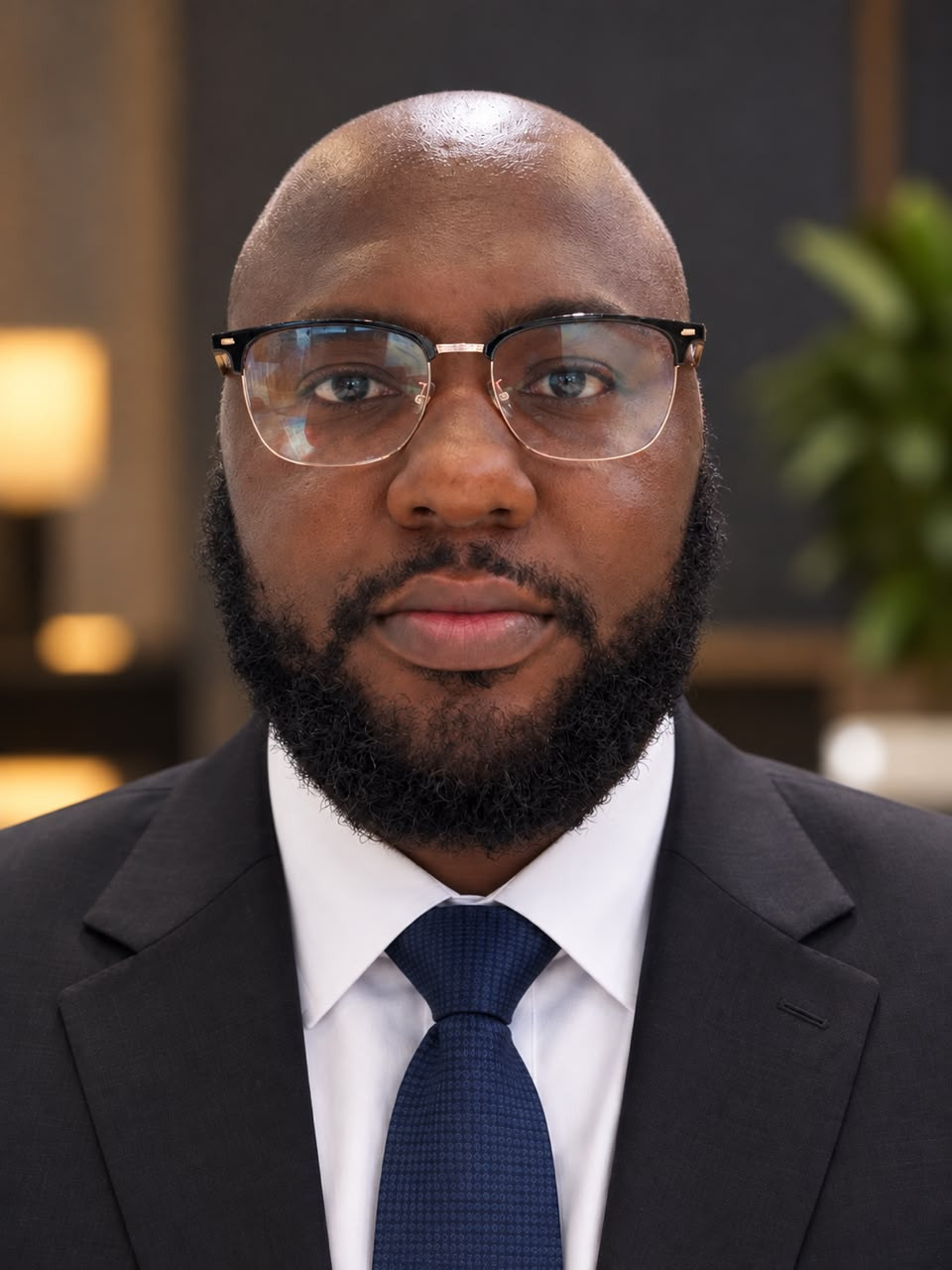 Portrait of Ikegbunem Ugochukwu in a dark suit, white shirt and navy tie.
